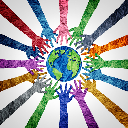 Global diversity or earth day and international world culture as a concept of international people cooperation as diverse hands holding together the planet.